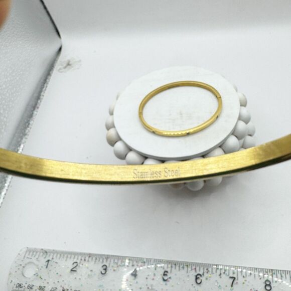 2 Gold Tone Bangle Bracelets With Rhinestone Details Stainless Steel Hinged - Picture 5 of 13